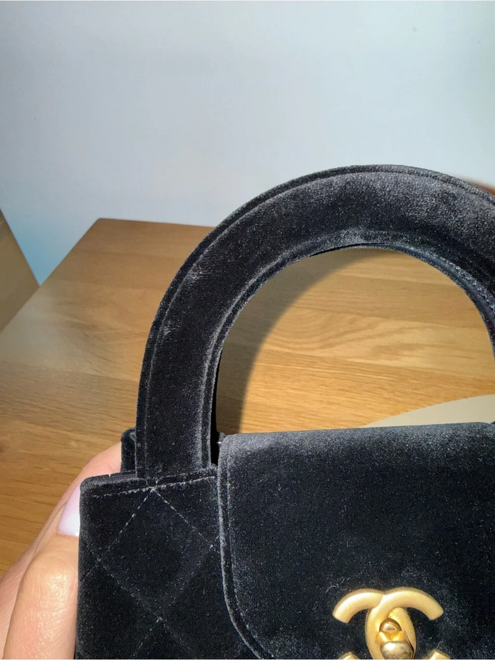 CHANEL Black Quilted Kelly Velvet Top-Handle Bag with Gold CC Hardware